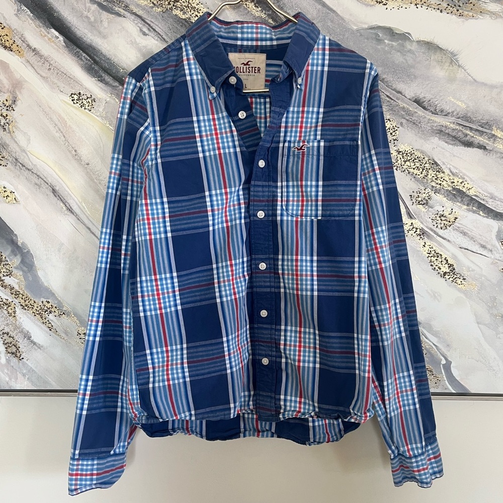Hollister Men's Navy and Red Plaid casual Shirt